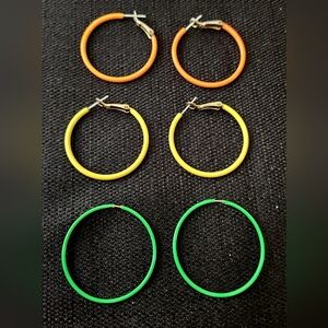 3 pairs, Vibrant Green, Yellow & Orange Very Vintage Hoops. Excellent Cond.